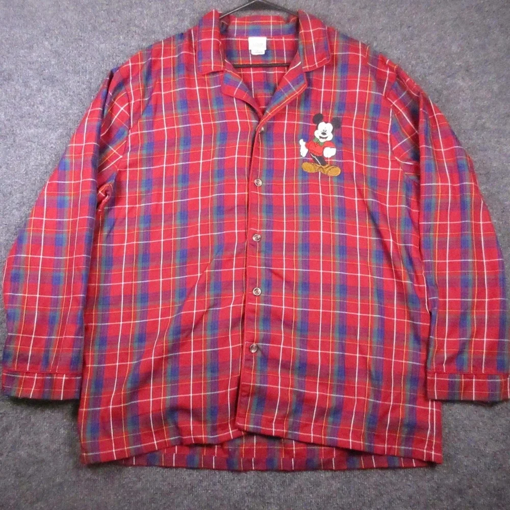 Disney Store Pajama Set Mens Large Red Plaid Mickey Mouse Flannel Button Front - Picture 2 of 14